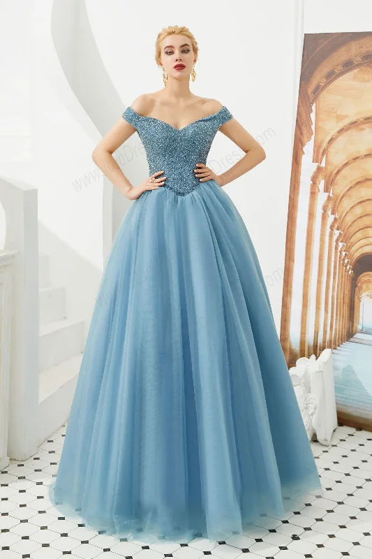 Dusty Blue Ball Gown Prom Evening Dress with Off the Shoulder Neckline