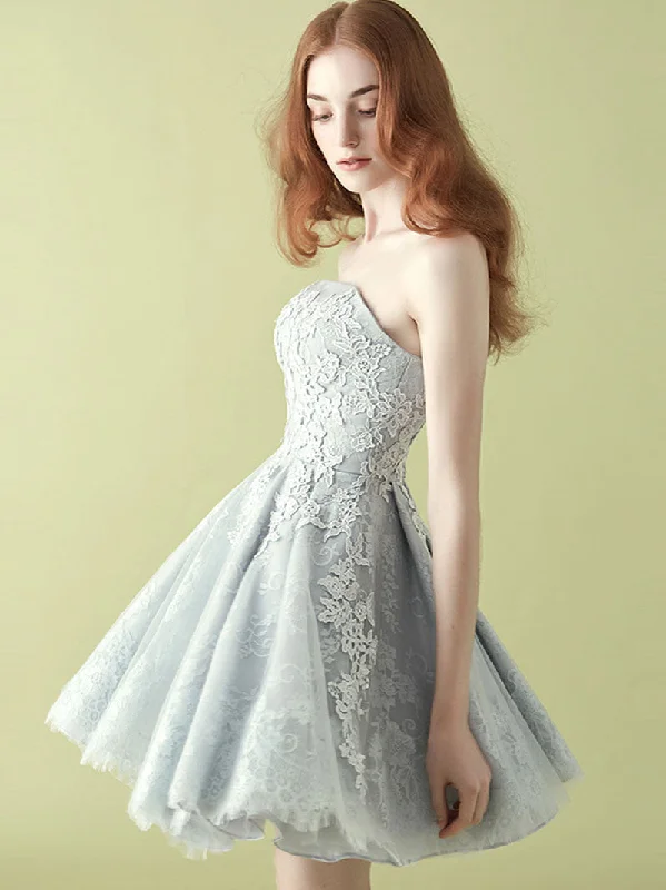 2 Piece Short Gray Lace Semi Prom Cocktail Dress