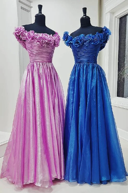 Fuchsia Off the Shoulder 3D Floral A-Line Long Prom Dress