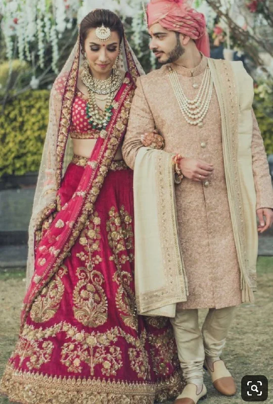 Luxurious Bridel Groom Dress In Red Lahnga Choli And Pinkish Sherwani # B 2012