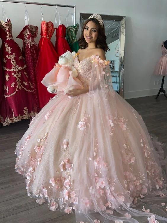 Pink Ball Gown With 3D Flowers Sweet 16 Dress Romantic Pink Embroidery Cape Ball Gown 3D Floral Beaded Long Sweet Frill Dress c2555 Pink Ball Gown With 3D Flowers Sweet 16 Dress Romantic Pink Embroidery Cape Ball Gown 3D Floral Beaded Long Sweet Frill Dress c2555