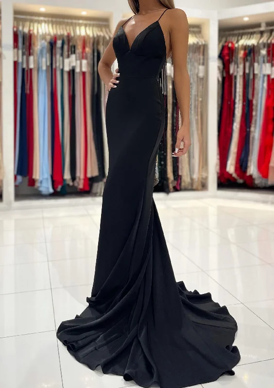 Trumpet/Mermaid V Neck Sweep Train Sleeveless Elastic Satin Prom Dress