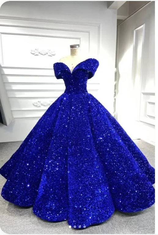 Royal blue sequin prom ball gown sweet 16 dress off the shoulder princess Quince dress  c2767