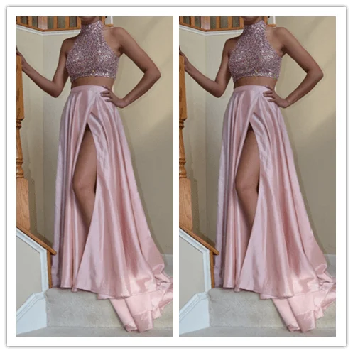 Beading A-Line Two Pieces Real Made Prom Dresses