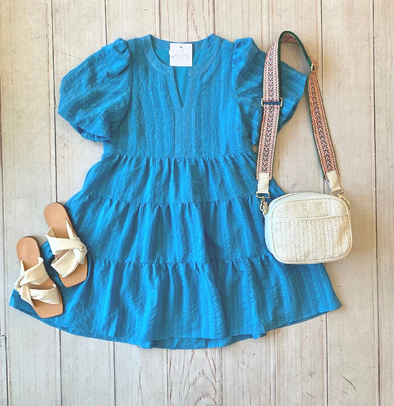 Blue Balloon Sleeve Tiered Dress