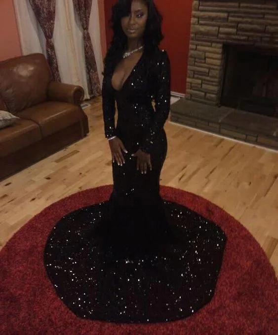 Black Long Sleeves Sequins Prom Dress, Mermaid Prom Dresses with Train C176