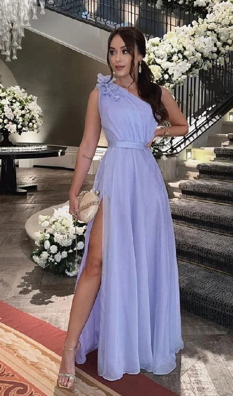 Simple Long One Shoulder Slit Chiffon Prom Dresses c2861