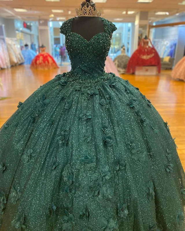 Green Princess Ball Gown Quinceanera Dresses Sweet 15 Party 3D Flowers Lace Applique Crystal Beads Sequin Birthday Gowns cc479