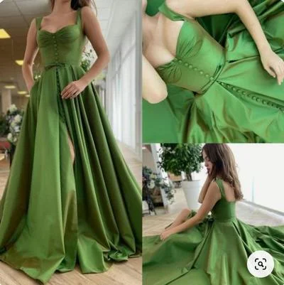 Green Prom Dresses Slit ， Straps Prom Dress C1051