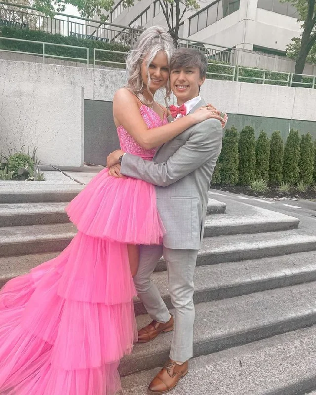 High Low Hot Pink Tiered Prom Dress with Spaghetti Straps,Elegant Graduation Dresses     S3358