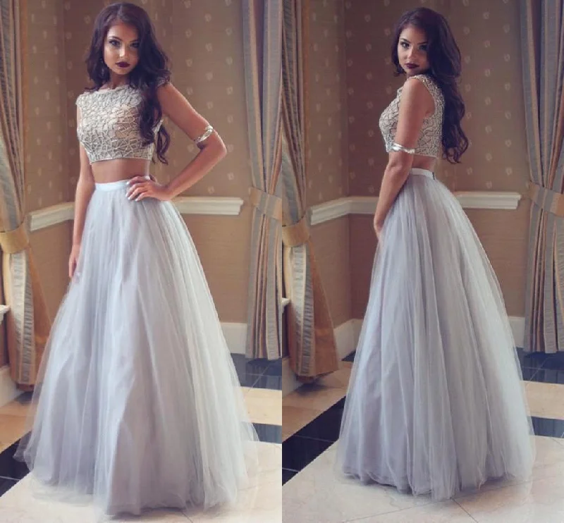 Two pieces Unique Gray tulle long prom dress gray evening dress