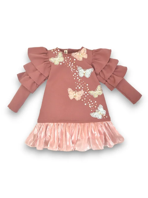 Pink Frill Dress Adorned with Charming 3D Hand Embroidered Butterflies