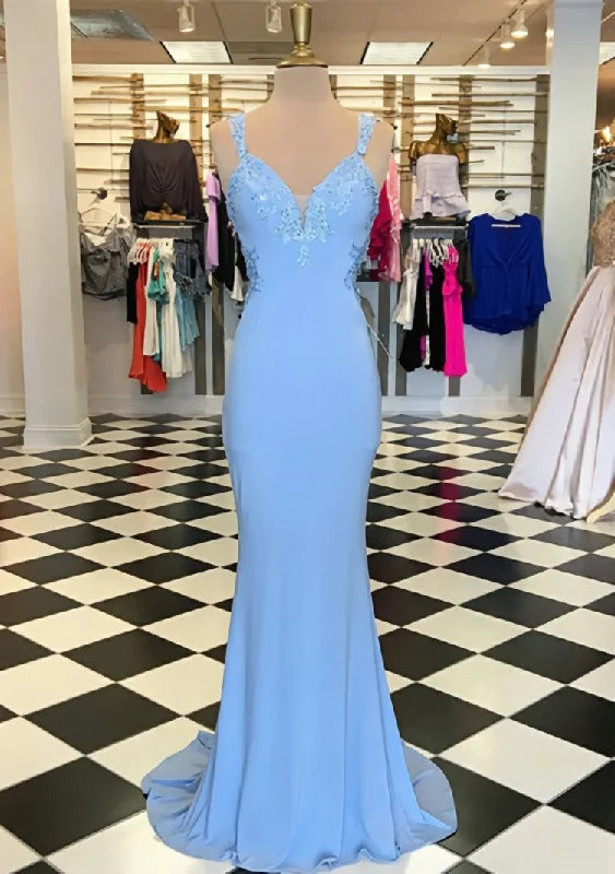 Trumpet/Mermaid Scalloped Neck Sleeveless Sweep Train Elastic Satin Prom Dress With Appliqued Trumpet/Mermaid Scalloped Neck Sleeveless Sweep Train Elastic Satin Prom Dress With Appliqued