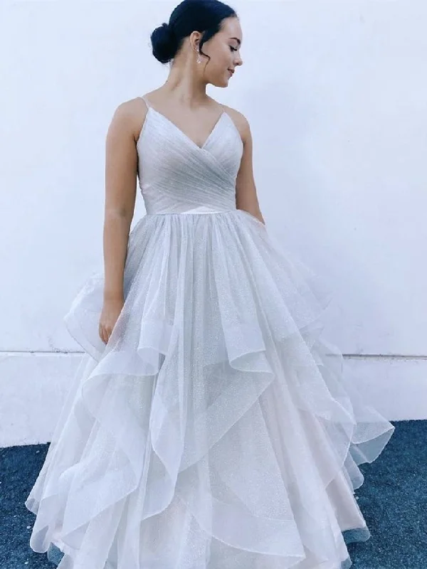 V Neck Fluffy Light Gray Long Prom Dresses, V Neck Light Gray Formal Evening Dresses, Light Gray Ball Gown S3254 V Neck Fluffy Light Gray Long Prom Dresses, V Neck Light Gray Formal Evening Dresses, Light Gray Ball Gown S3254