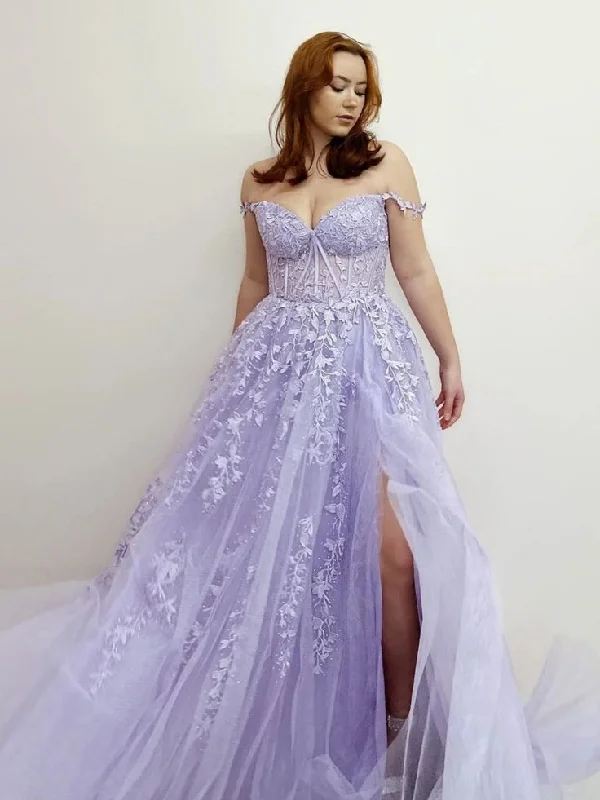Off Shoulder Purple Lace Long Prom Dresses With High Slit, Purple Lace Formal Dresses, Purple Evening Dresses S3329 Off Shoulder Purple Lace Long Prom Dresses With High Slit, Purple Lace Formal Dresses, Purple Evening Dresses S3329