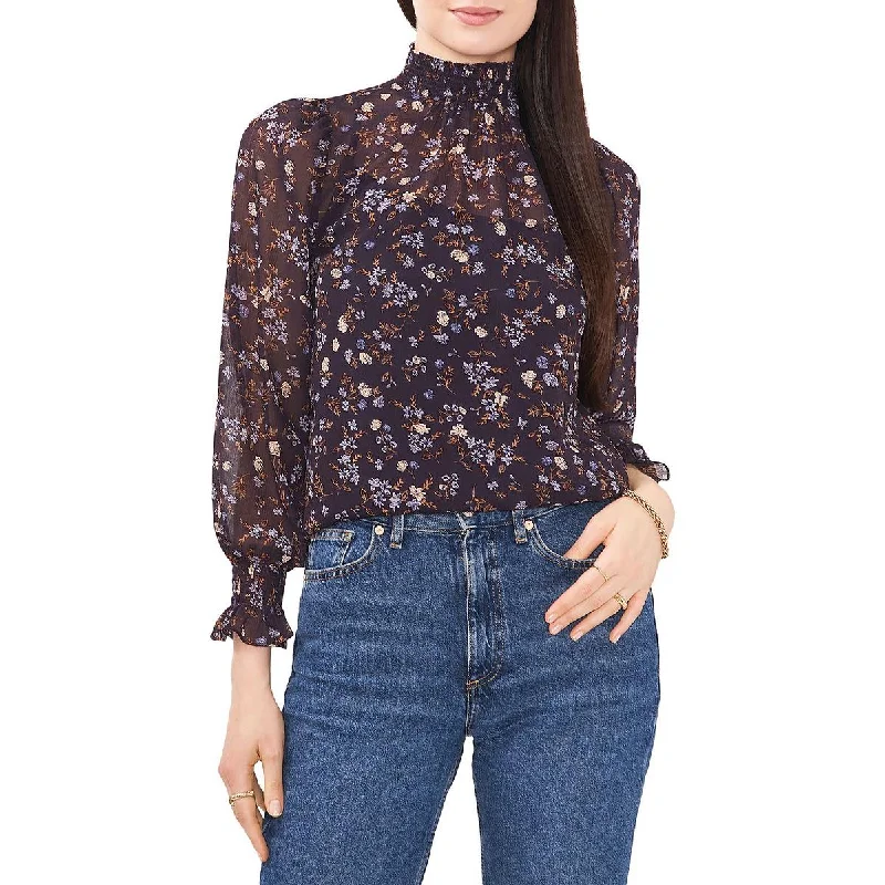 1.State Womens Floral Mock Neck Blouse Casual Button Blouse