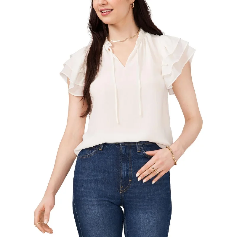 1.State Womens V-Neck Ruffled Neck Blouse Elegant Embroidery Blouse