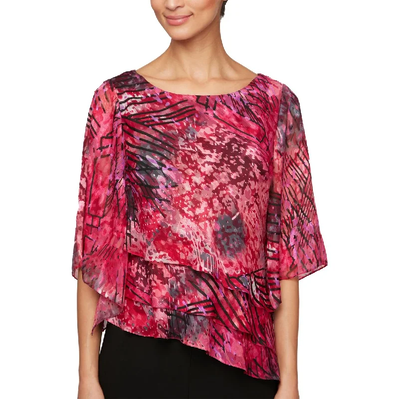 Alex Evenings Womens Abstract Print Asymmetrical Blouse Elegant Semi-Sheer Blouse
