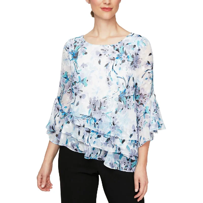 Alex Evenings Womens Petites Floral Print Chiffon Blouse Textured Cotton Blouse