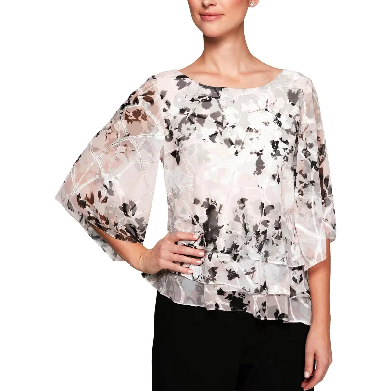 Alex Evenings Womens Petites Printed Tiered Blouse Office Formal Blouse