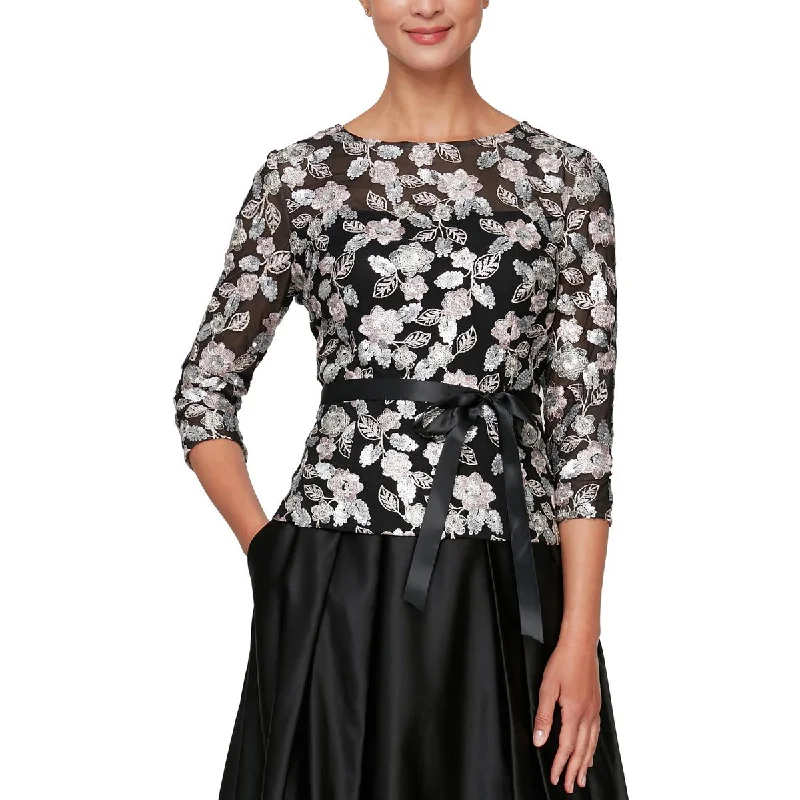 Alex Evenings Womens Petites Sequined Sheer Blouse Collared Satin Blouse