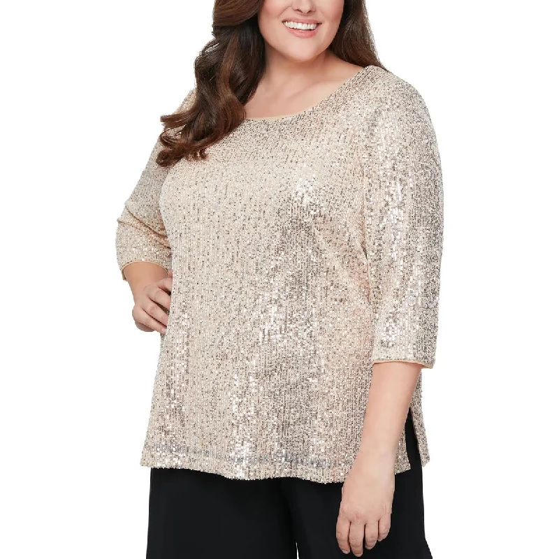 Alex Evenings Womens Plus Sequined Wideneck Blouse Soft Modal Blouse