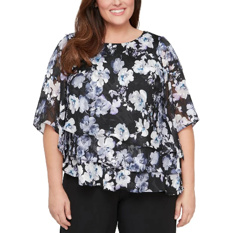 Alex Evenings Womens Plus Tiered Floral Print Blouse Chic Off-Shoulder Blouse