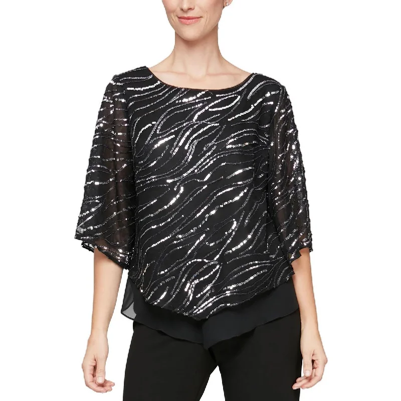 Alex Evenings Womens Sequined Elbow Sleeve Blouse Chic Wrap Blouse