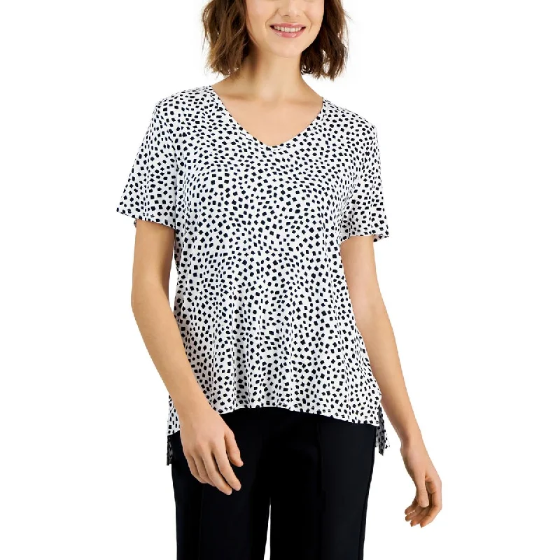 Alfani Womens V-Neck Polka-Dot Blouse Satin Drape Blouse