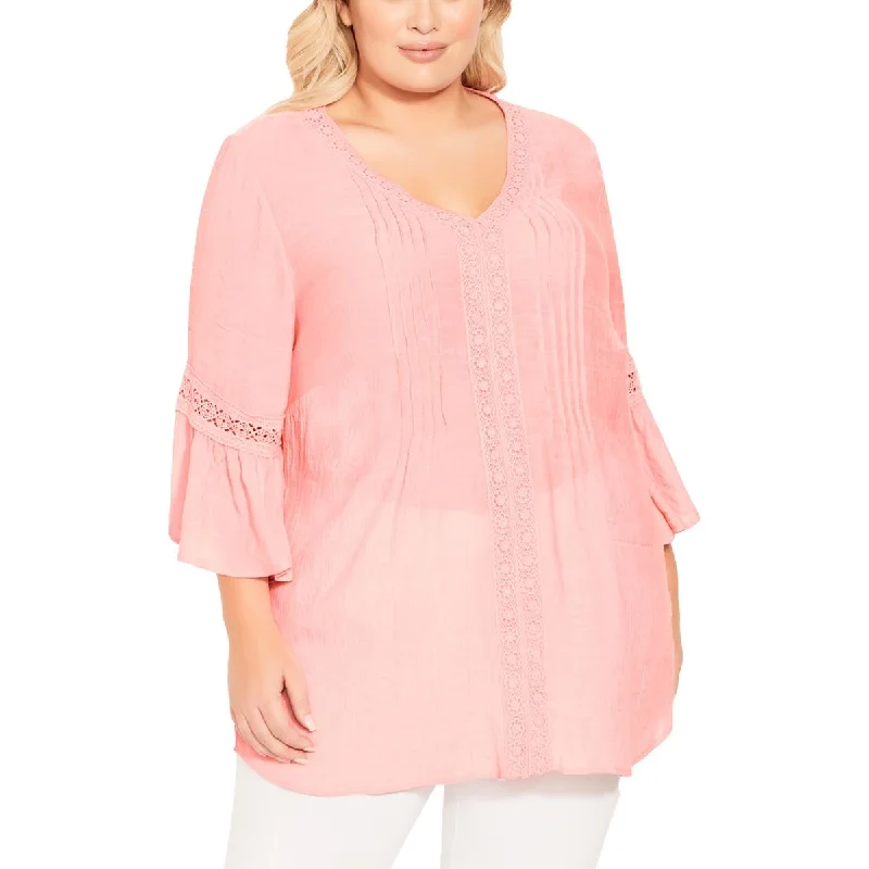 Avenue Womens Plus Lace Trim Pintuck Blouse Gathered Detail Blouse