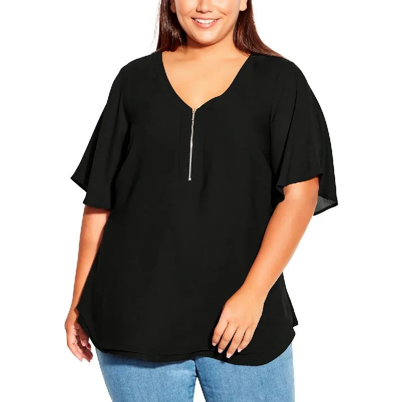 Avenue Womens Plus Melina V Neck Flutter Sleeves Blouse Frilled Cuff Blouse