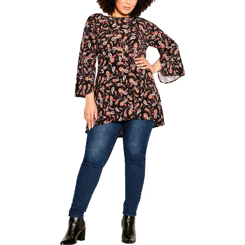 Avenue Womens Plus Printed Embellishments Blouse Silky Draped Blouse