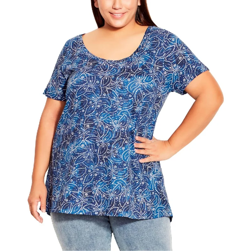 Avenue Womens Plus Scoop Neck Printed Blouse Silky Draped Blouse