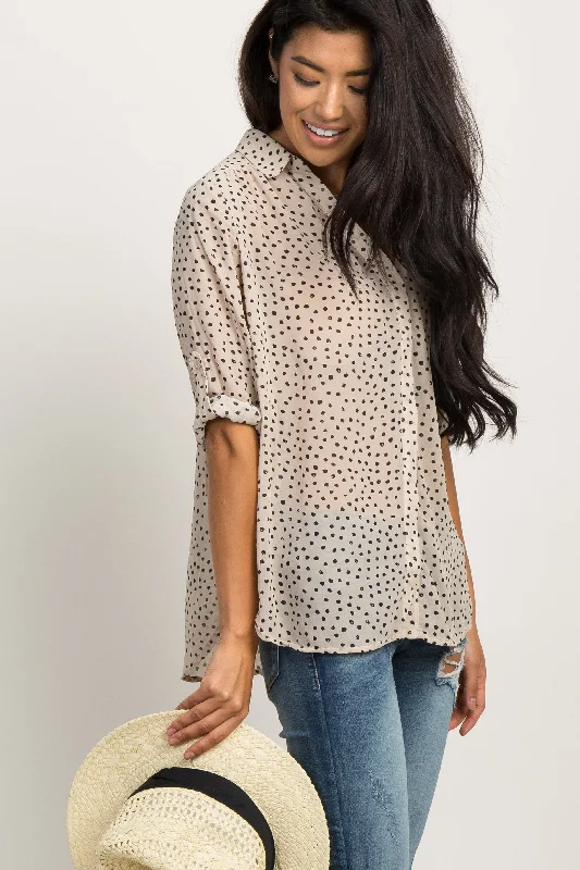 Beige Polka Dot Chiffon Blouse Classic Striped Blouse