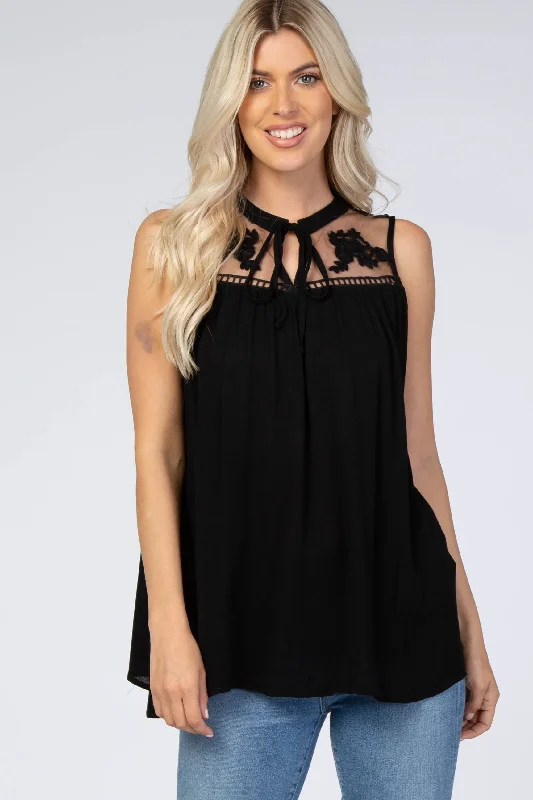 Black Lace Inset Sleeveless Blouse Lightweight Tunic Blouse