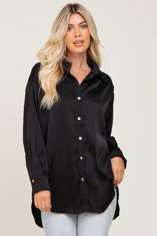 Black Satin Button Up Blouse Satin Long Blouse
