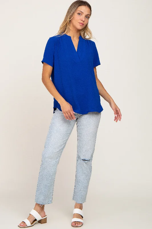 Blue Short Sleeve V-Neck Blouse Feminine Puff Blouse