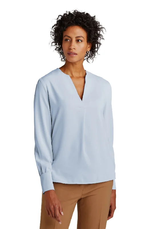 Brooks Brothers Womens Anti Static Open Neck Long Sleeve Blouse - Heritage Blue Delicate Pleat Blouse