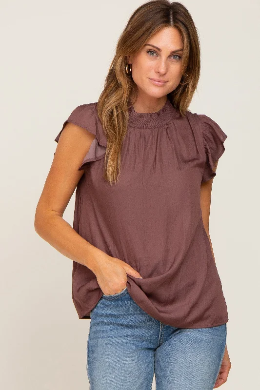 Brown Mock Neck Flutter Blouse Floral Chiffon Blouse