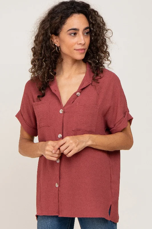 Burgundy Collared Button-Down Short Sleeve Blouse Classic Striped Blouse