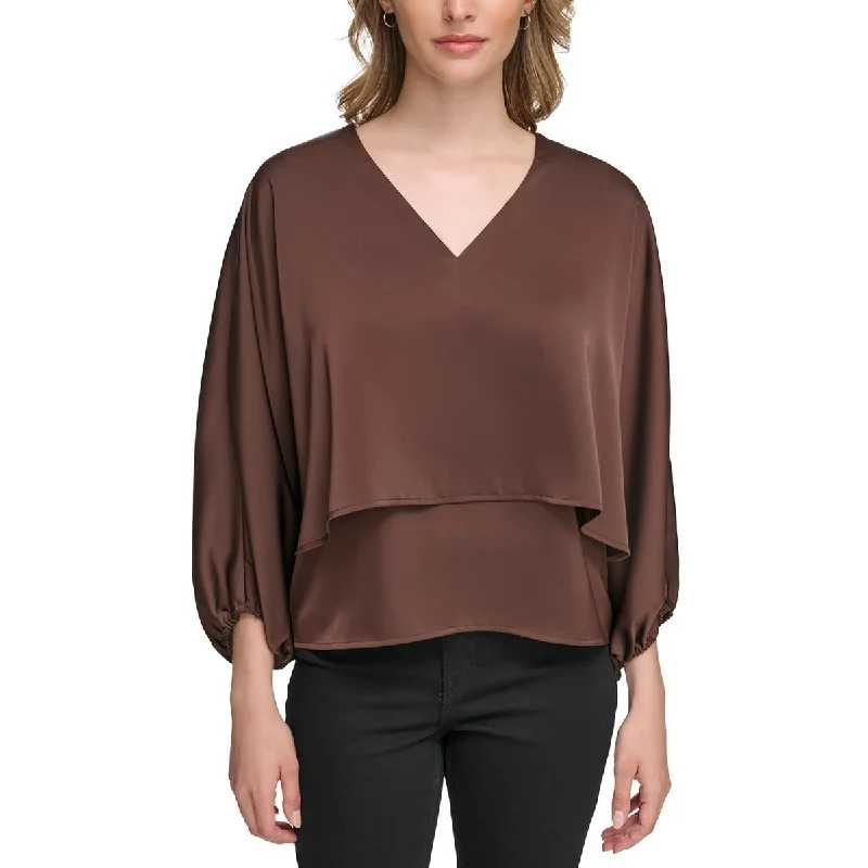 Calvin Klein Womens Layered V-Neck Blouse Balloon Sleeve Blouse