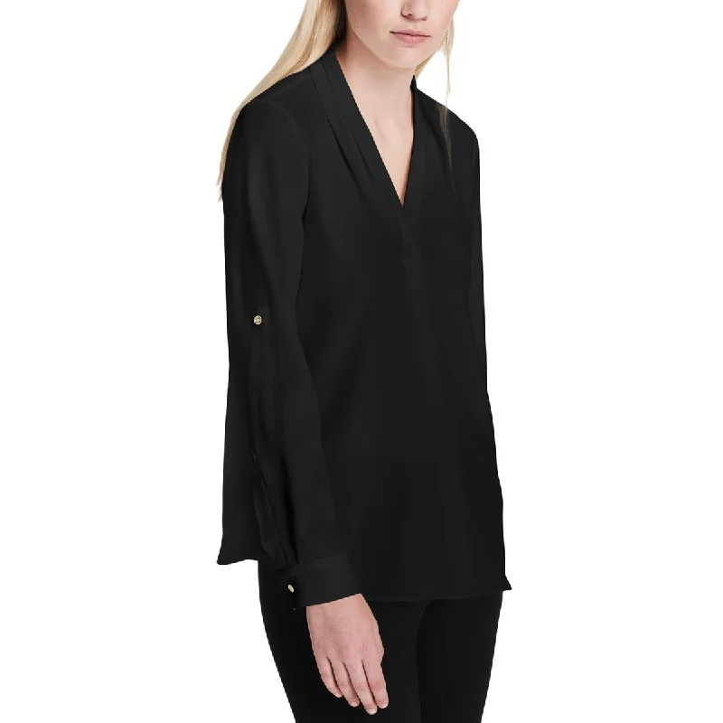 Calvin Klein Womens Adjustable Sleeve V-Neck Blouse Casual Relaxed Fit Blouse