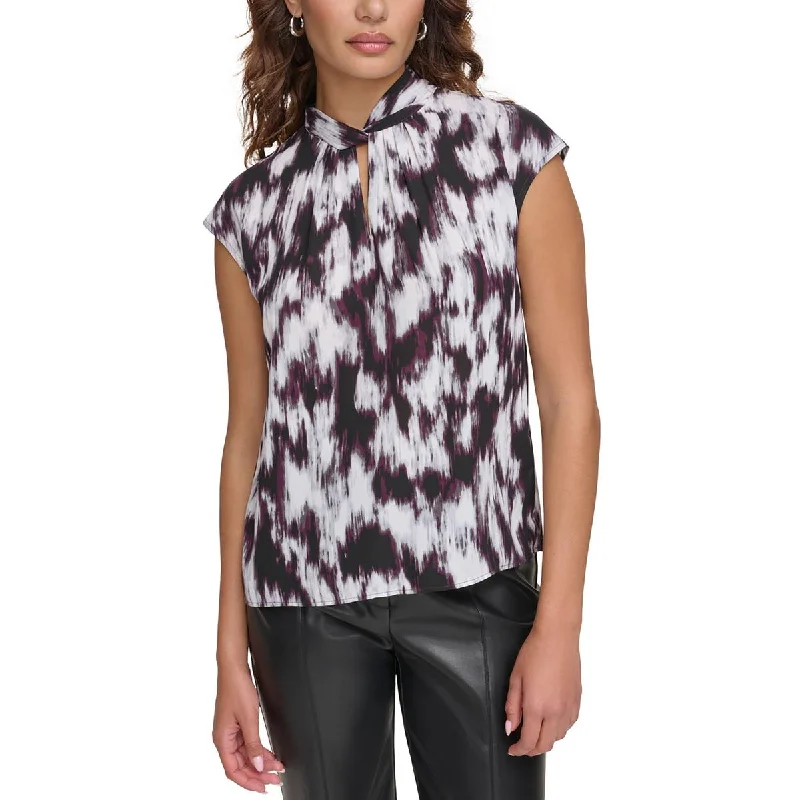Calvin Klein Womens Cap Sleeve Printed Blouse Elegant Embroidery Blouse