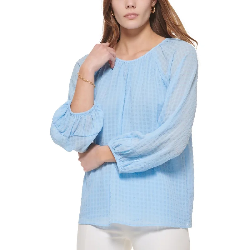 Calvin Klein Womens Check Print Puff Sleeve Blouse Polished Work Blouse