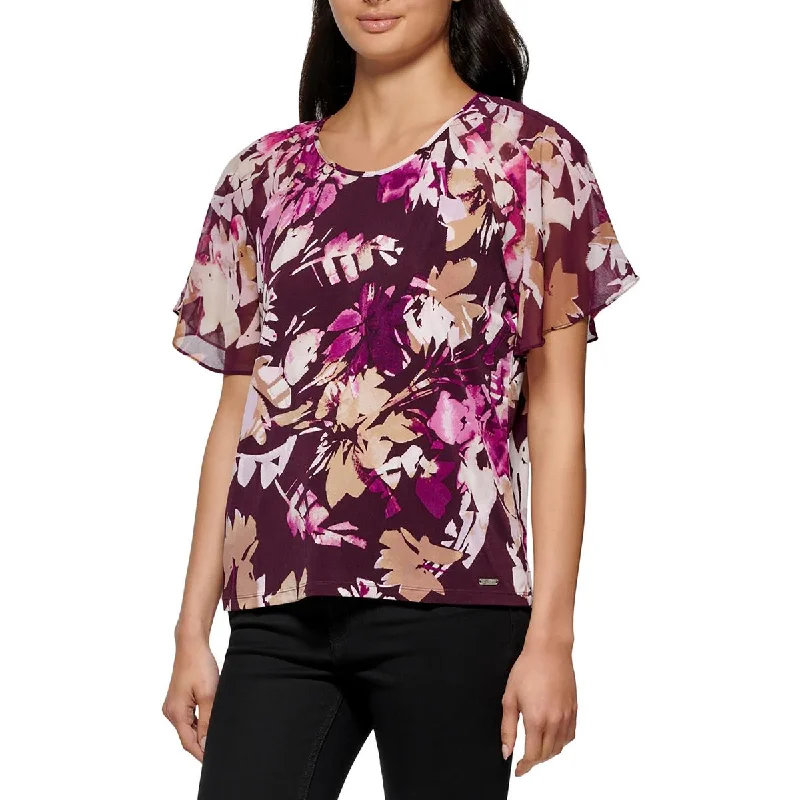 Calvin Klein Womens Chiffon Printed Blouse Semi-Sheer Blouse