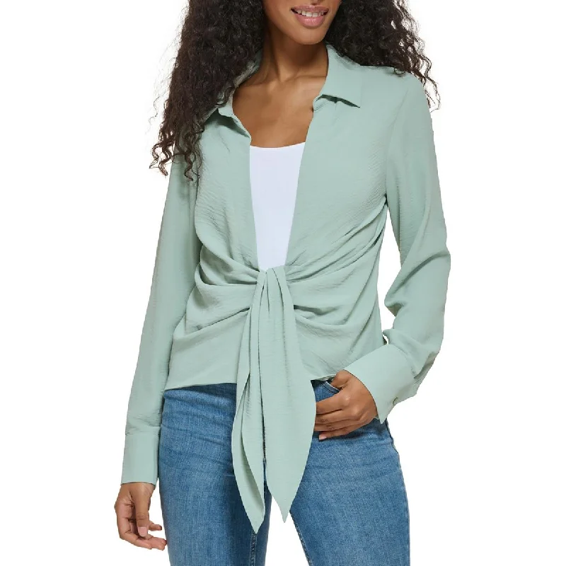 Calvin Klein Womens Collared Tie Front Blouse Lightweight Chiffon Blouse