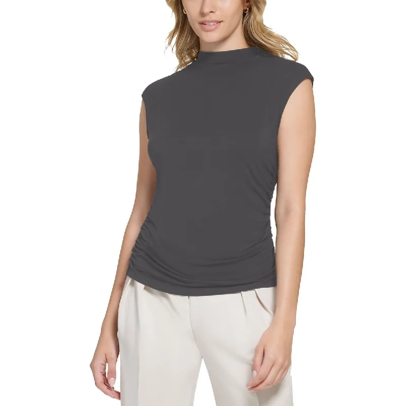 Calvin Klein Womens Mock Neck Sleeveless Blouse Chic Ruffle Blouse