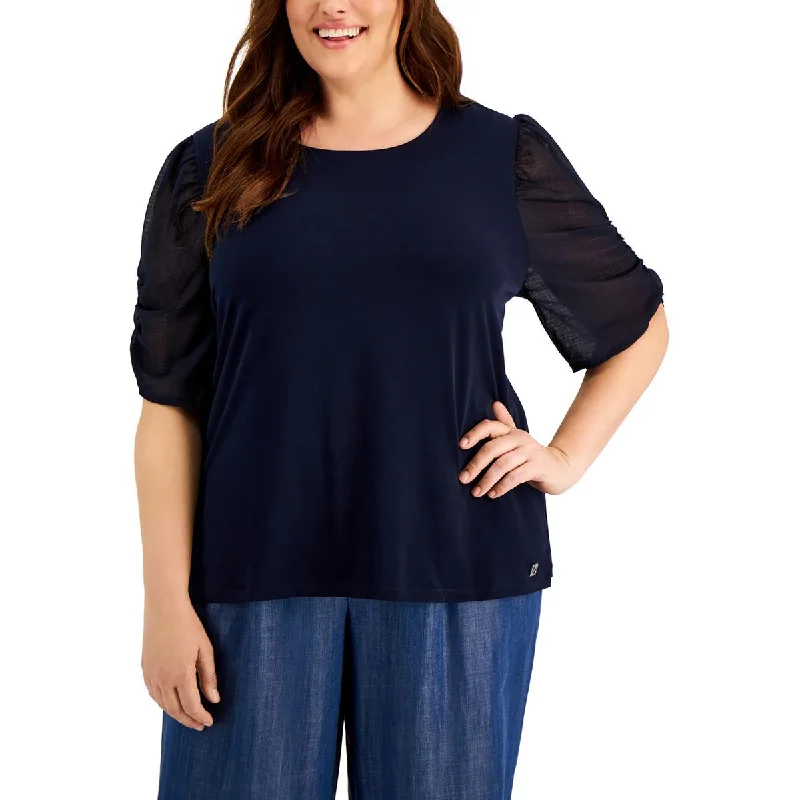 Calvin Klein Womens Plus Ruched Sleeve Crewneck Blouse Off-Shoulder Wrap Blouse