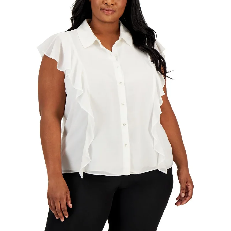 Calvin Klein Womens Plus   Ruffled  Blouse Loose Fit Blouse