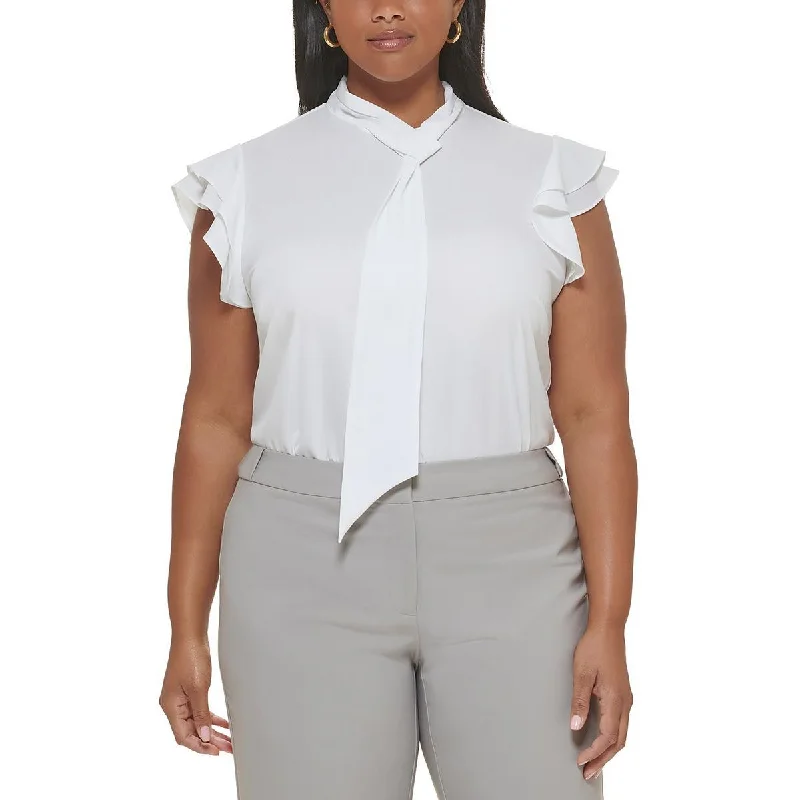 Calvin Klein Womens Plus Ruffled Tie-Neck Blouse Embroidered Cotton Blouse